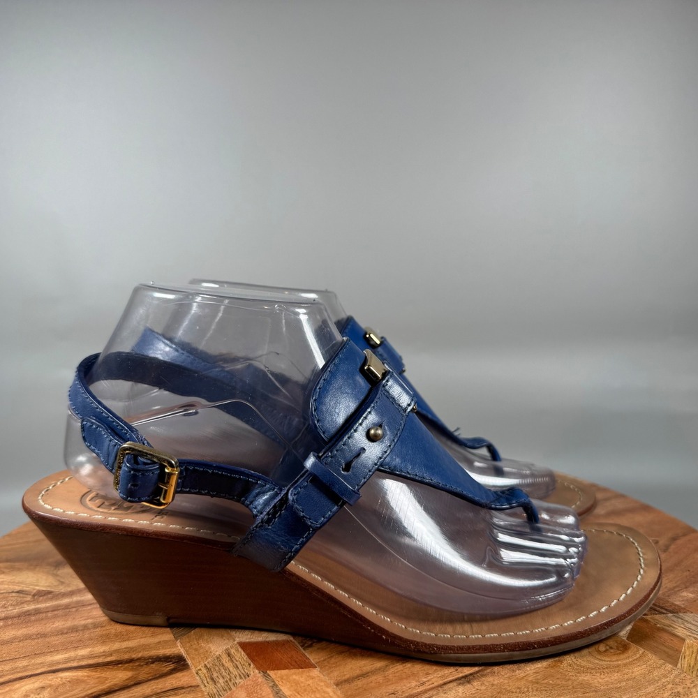 Tory Burch Miller Wedge Thong Sandals‎ Blue Leather Gold Logo Size 9M